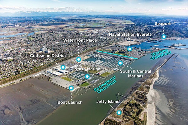Aerial view of Everett's waterfront, highlighting features like marinas, boat launch, and Jetty Island, illustrating recreational and working waterfront areas.