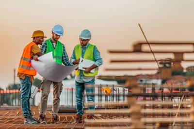 Three construction workers review plans on a building site during sunset, wearing safety helmets and vests, emphasizing teamwork and project planning.