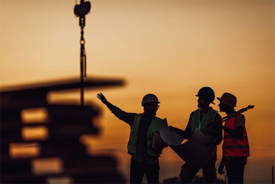 Construction workers discuss plans at sunset, silhouetted against an orange sky. The scene illustrates collaboration in a building project.