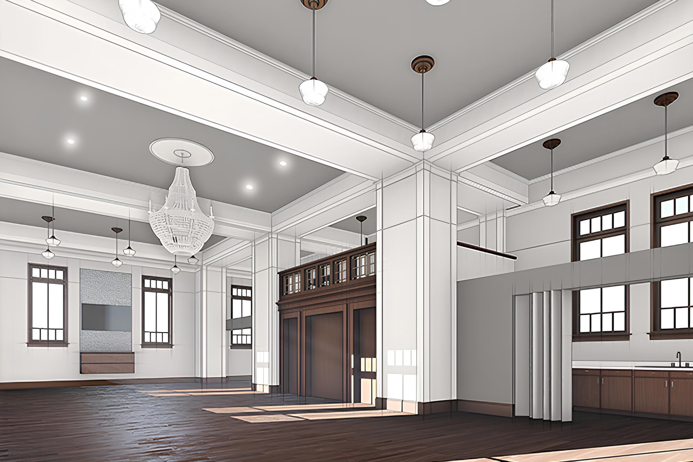 Spacious interior featuring high ceilings, a chandelier, and large windows. Designed for events, showcasing elegant architecture and modern amenities.